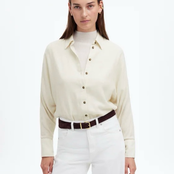 $85 Nwt Madewell Ivory Melange Heathered Flannel Dolman Button-Up Shirt Size Xl